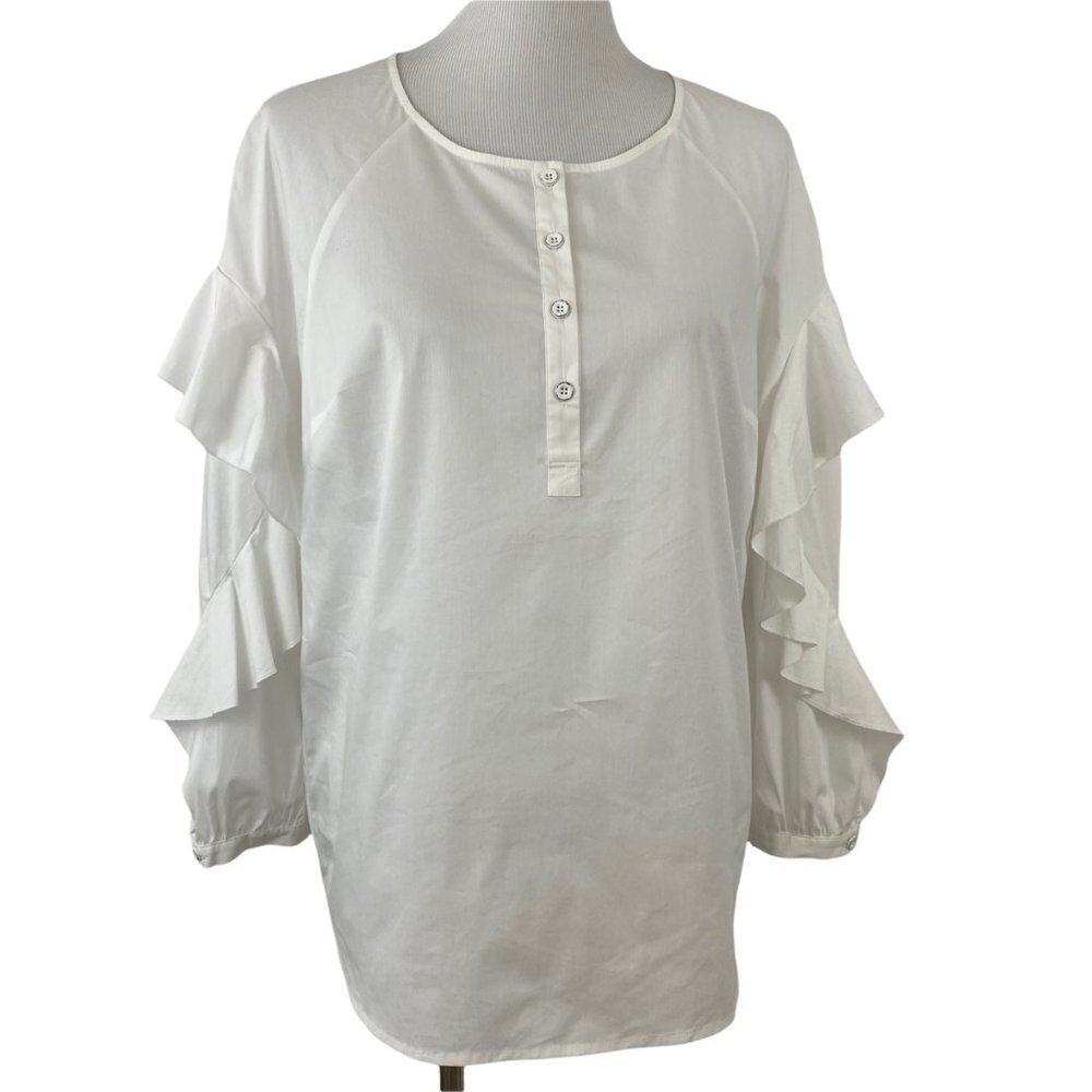 Splendid White Round Neck Button-Placket Ruffle-Sleeve Poplin Shirt Womens Large - Picture 1 of 11